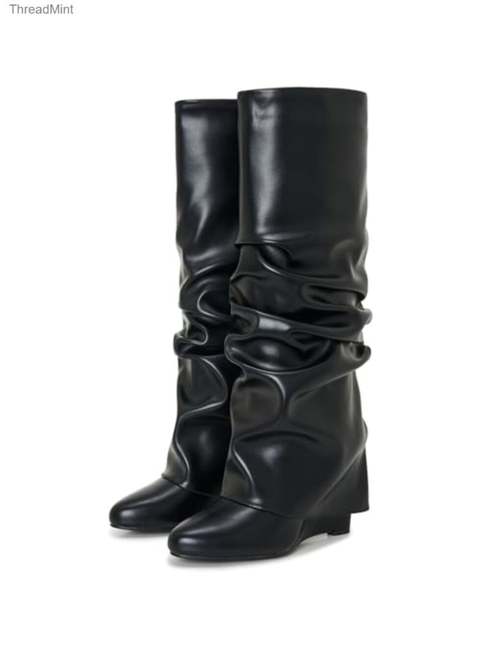 Fold Over Knee High Shark Boots Hidden 4 Inch Wedge Heel PU Upper